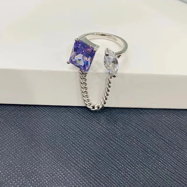 Purple Silver Asymmetrical Dual-Stone Chain-Connected Ring 8