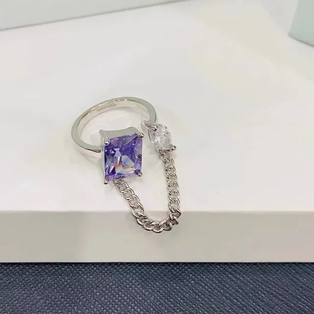 Purple Silver Asymmetrical Dual-Stone Chain-Connected Ring 9