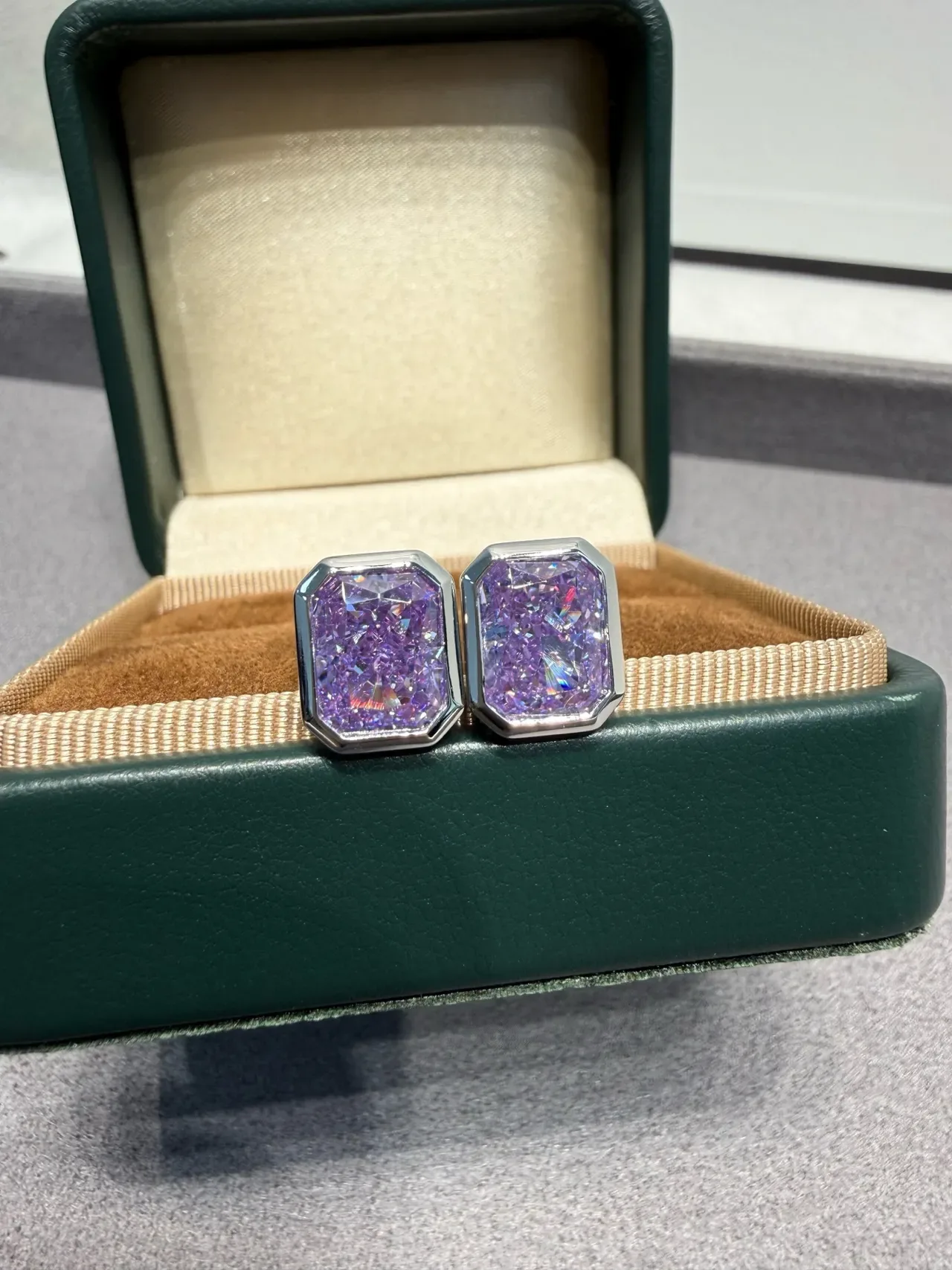 Purple Silver Octagonal-Cut Faceted Stone Earrings 1