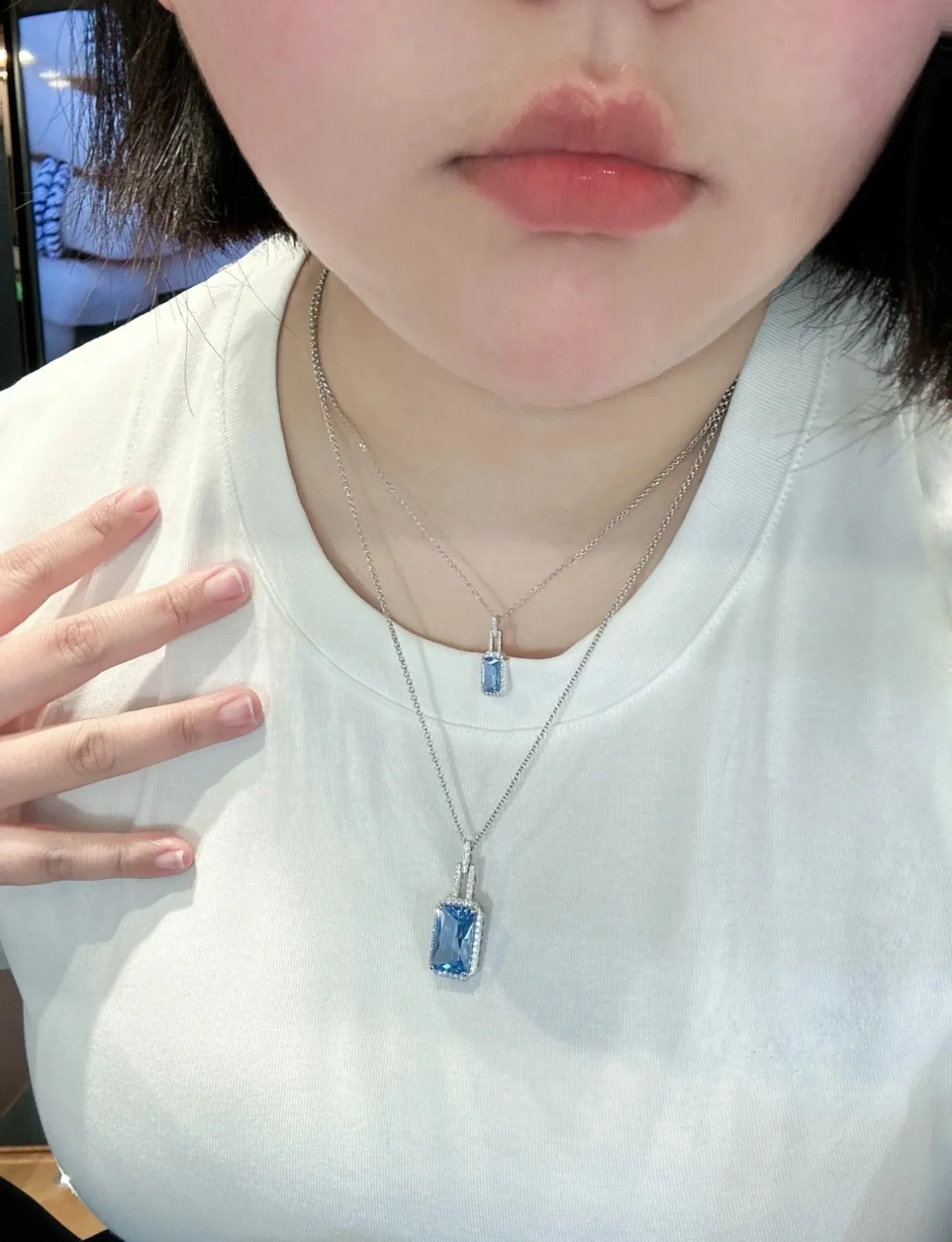Rectangular Blue Gemstone Halo Pendant Necklace 2