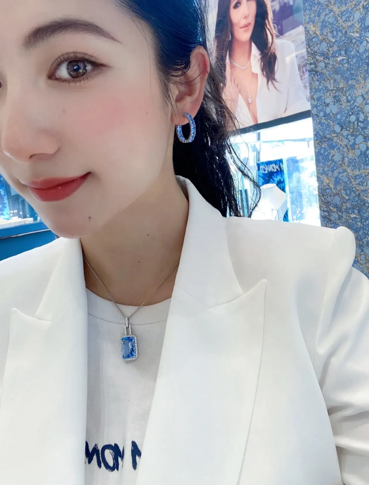 Rectangular Blue Gemstone Halo Pendant Necklace 3