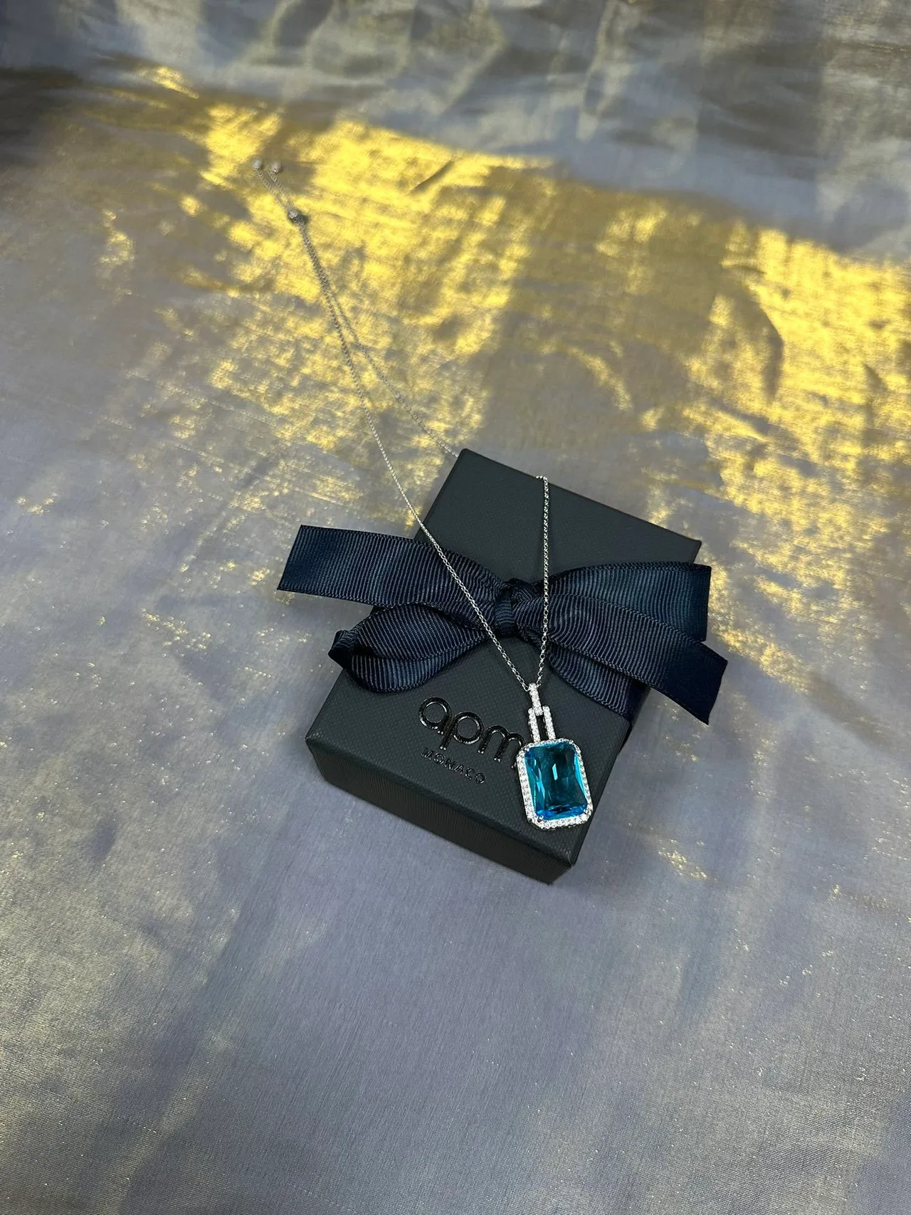 Rectangular Blue Gemstone Halo Pendant Necklace 7