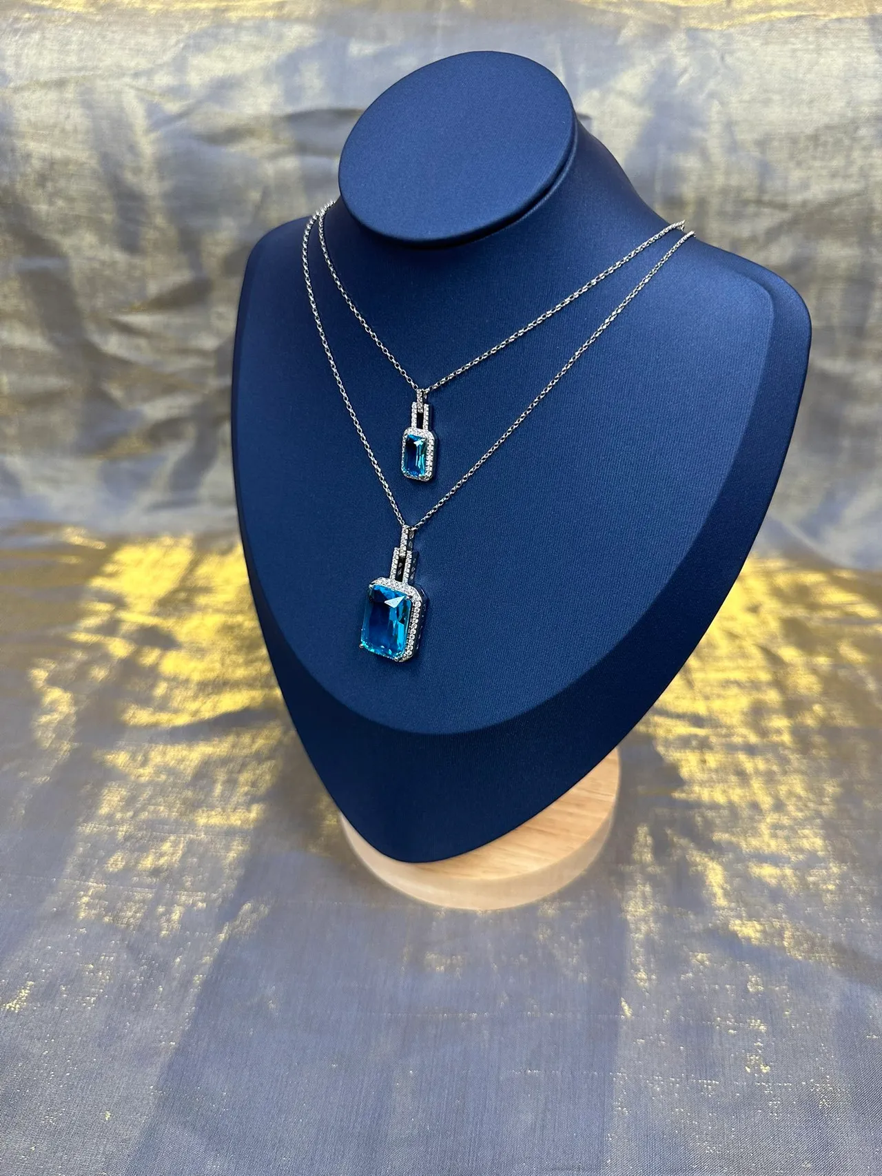 Rectangular Blue Gemstone Halo Pendant Necklace 9