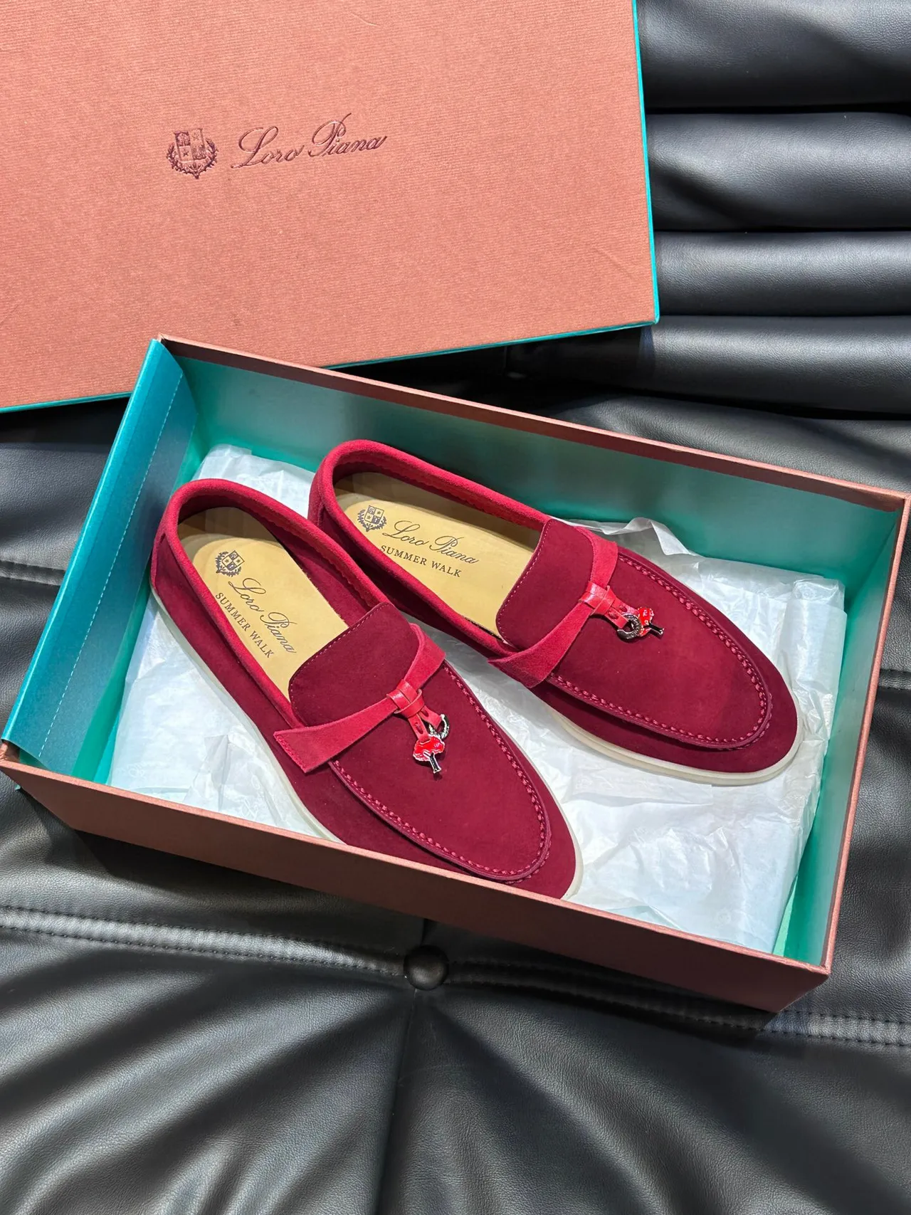 Red Beige Suede Upper Moc-Toe Stitching Loafer 6