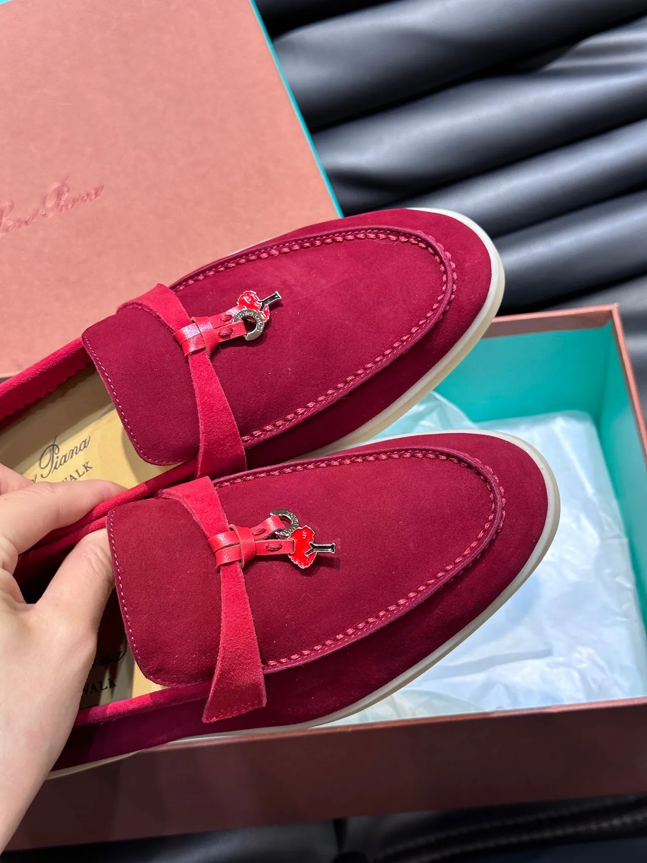 Red Beige Suede Upper Moc-Toe Stitching Loafer 7