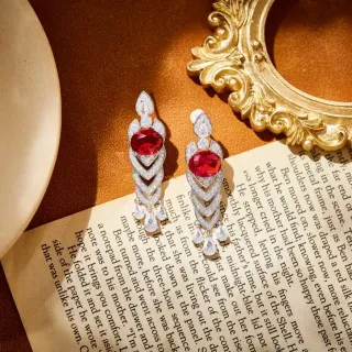 Red Gemstone and Pavé Diamond Geometric Dangling Earrings