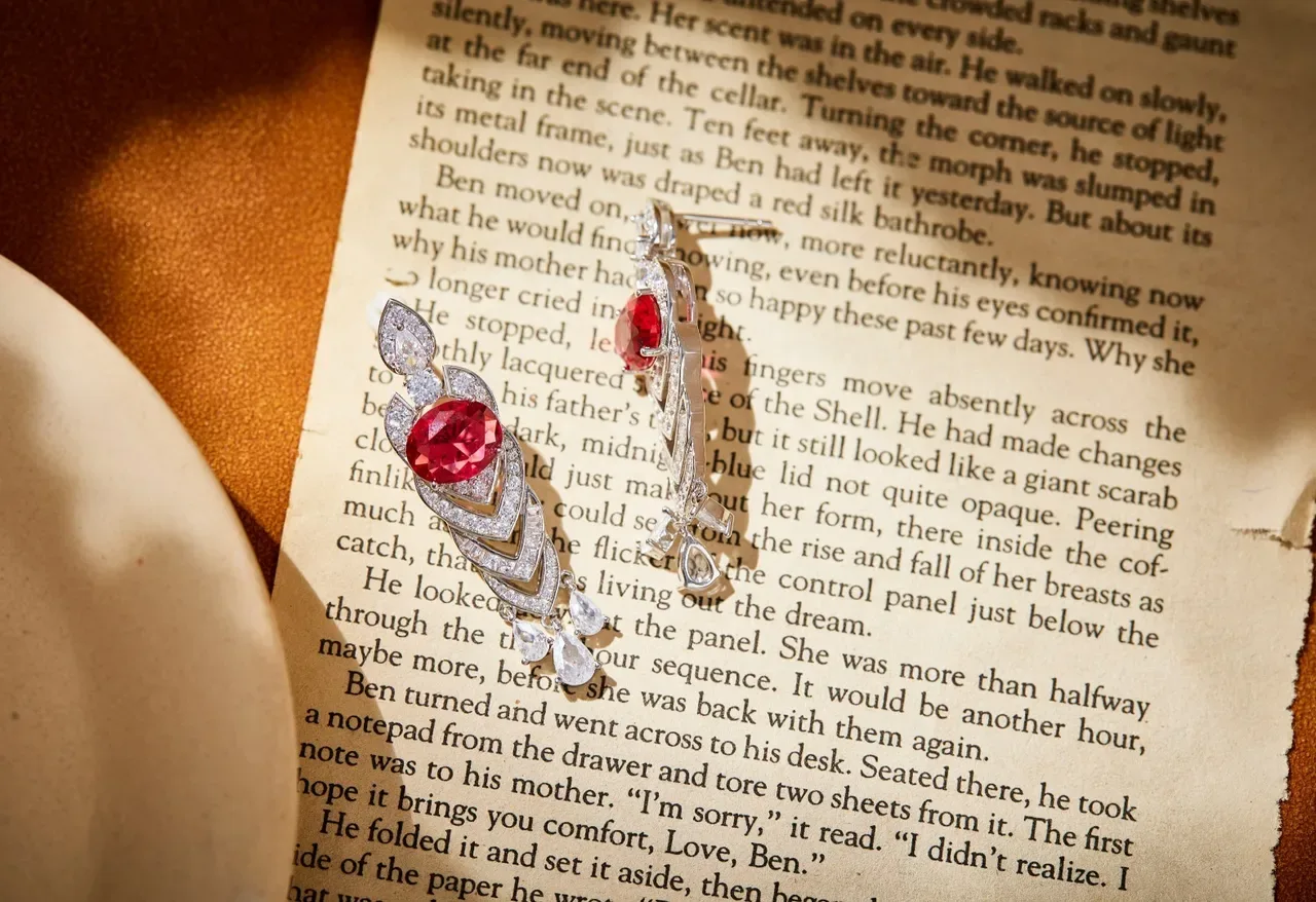 Red Gemstone and Pavé Diamond Geometric Dangling Earrings 2