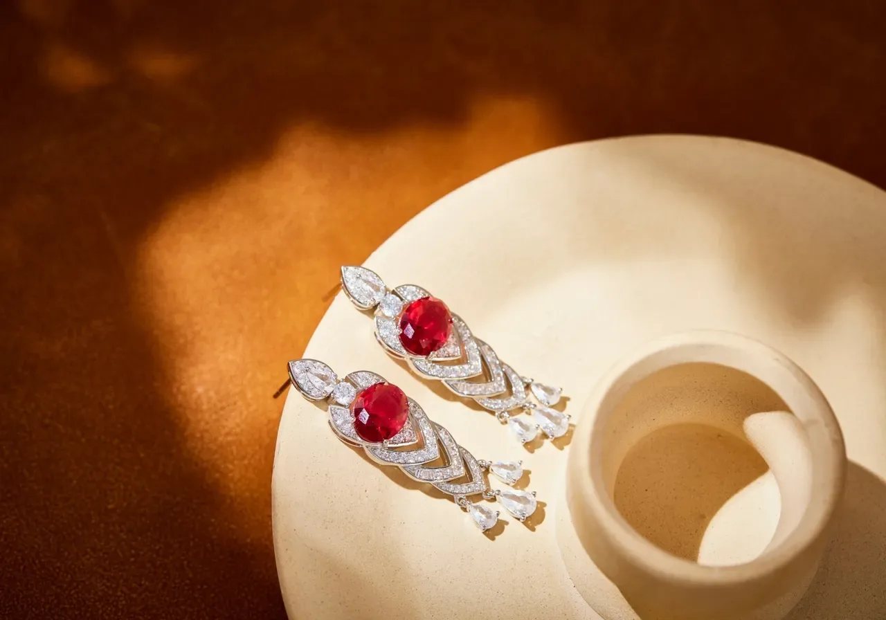 Red Gemstone and Pavé Diamond Geometric Dangling Earrings 3