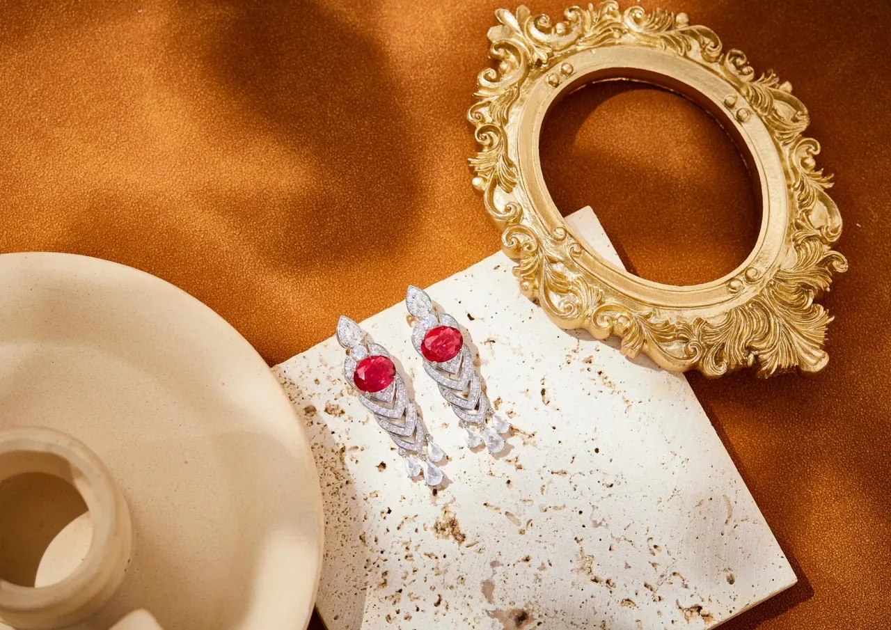 Red Gemstone and Pavé Diamond Geometric Dangling Earrings 4