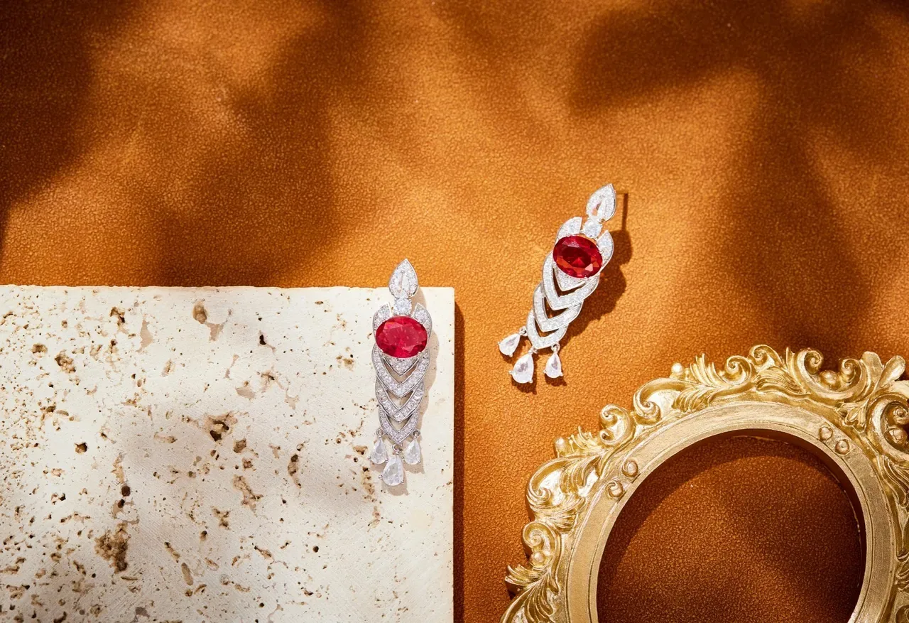 Red Gemstone and Pavé Diamond Geometric Dangling Earrings 5