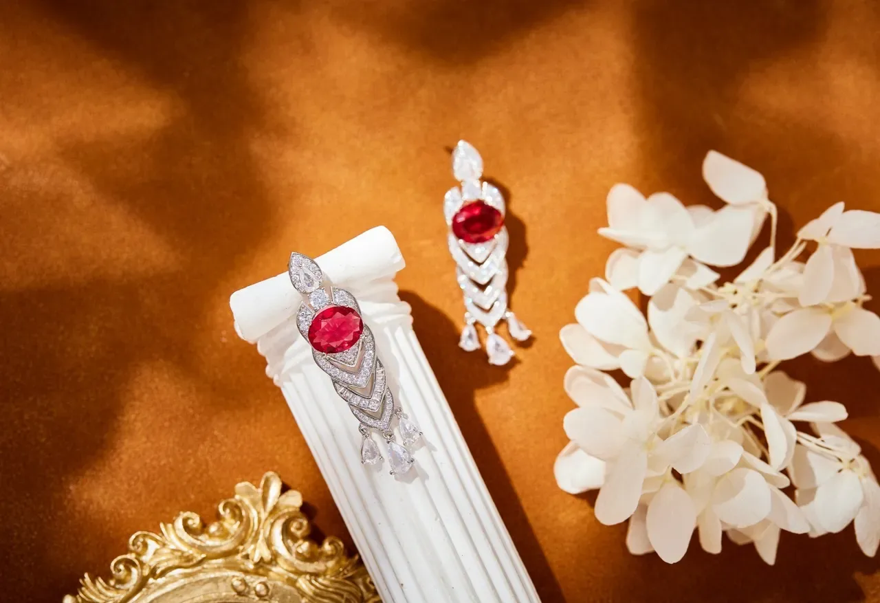 Red Gemstone and Pavé Diamond Geometric Dangling Earrings 6