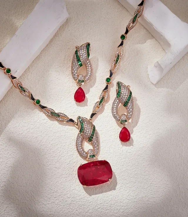 Red Gold Filigree Chain Emerald And Diamond Pavé Accents Necklace 2