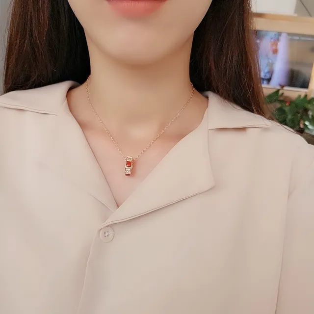 Red Gold Geometric Open-Ring Pendant Rose Tone Necklace 5