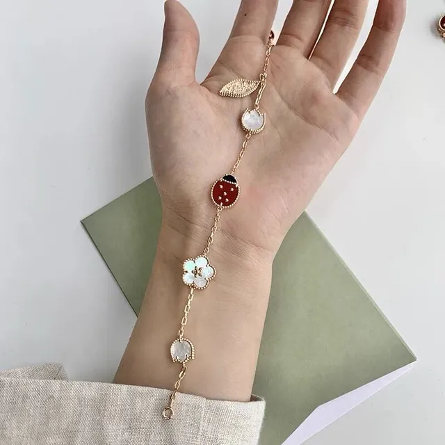Red Gold Rose Chain Enamel Ladybug Charm Bracelet 2