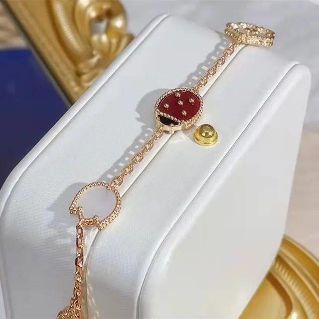Red Gold Rose Chain Enamel Ladybug Charm Bracelet 4