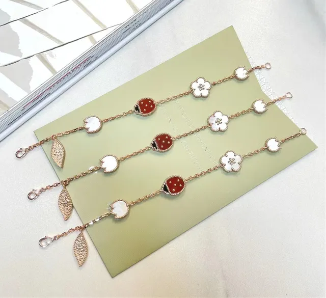 Red Gold Rose Chain Enamel Ladybug Charm Bracelet 5