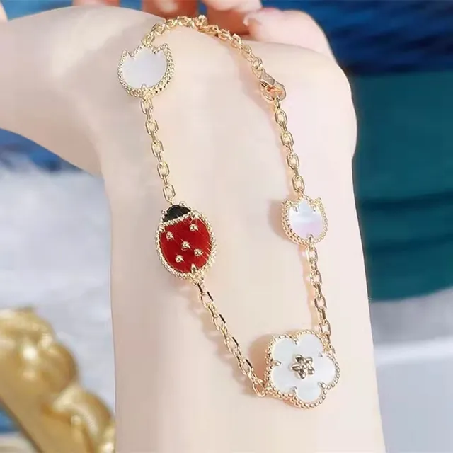 Red Gold Rose Chain Enamel Ladybug Charm Bracelet 8