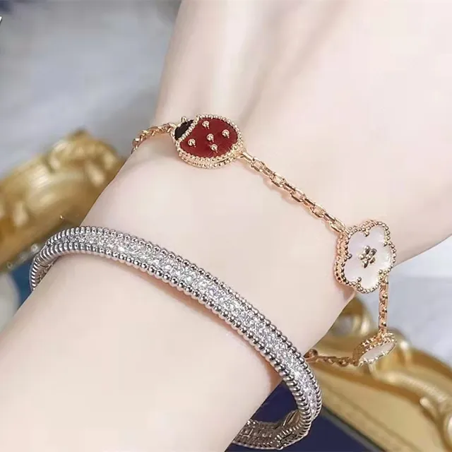 Red Gold Rose Chain Enamel Ladybug Charm Bracelet 9