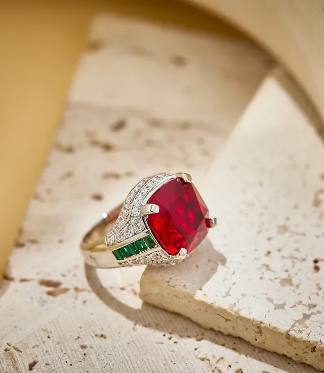 Red Green Cushion-Cut Central Stone Channel-Set Side Stones Ring 3