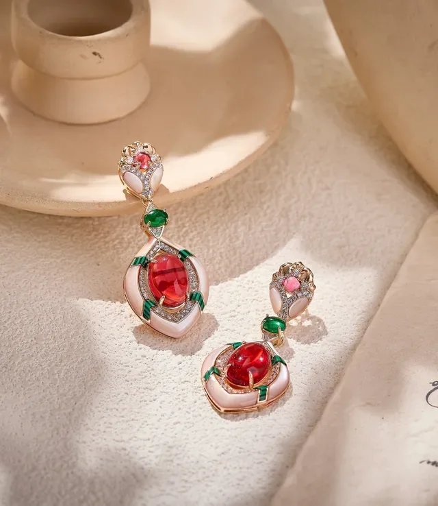 Red Green Drop Gemstone-Set Earrings 5
