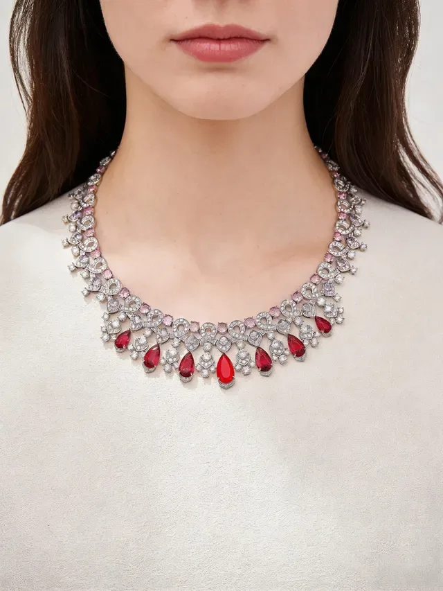 Red Pink Multi-Gemstone Pear-Drop Pendant Necklace 6