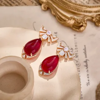 Red Teardrop Cabochon Pavé Diamond Bow Drop Earrings