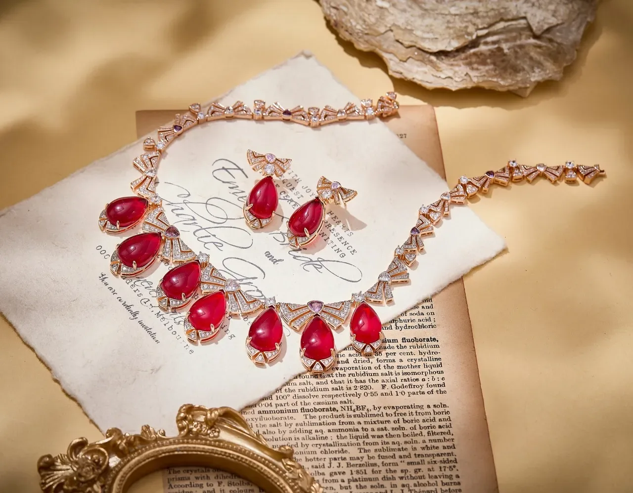 Red Teardrop Cabochon Pavé Diamond Bow Drop Earrings 2