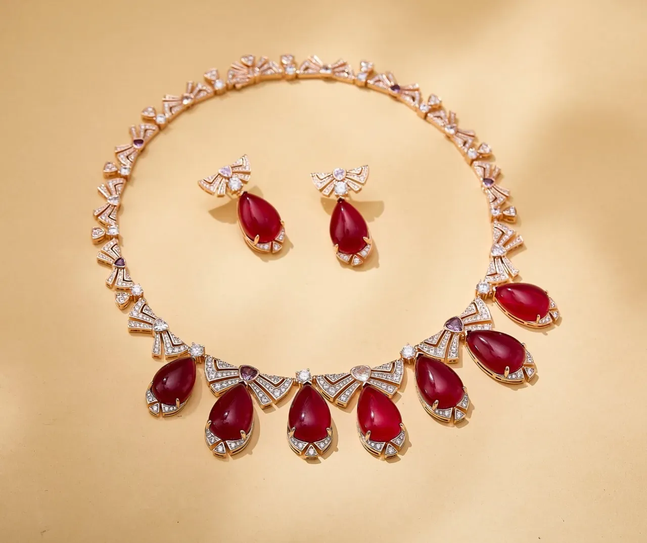 Red Teardrop Cabochon Pavé Diamond Bow Drop Earrings 4