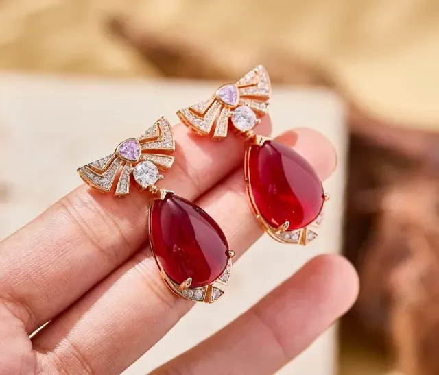 Red Teardrop Cabochon Pavé Diamond Bow Drop Earrings 5