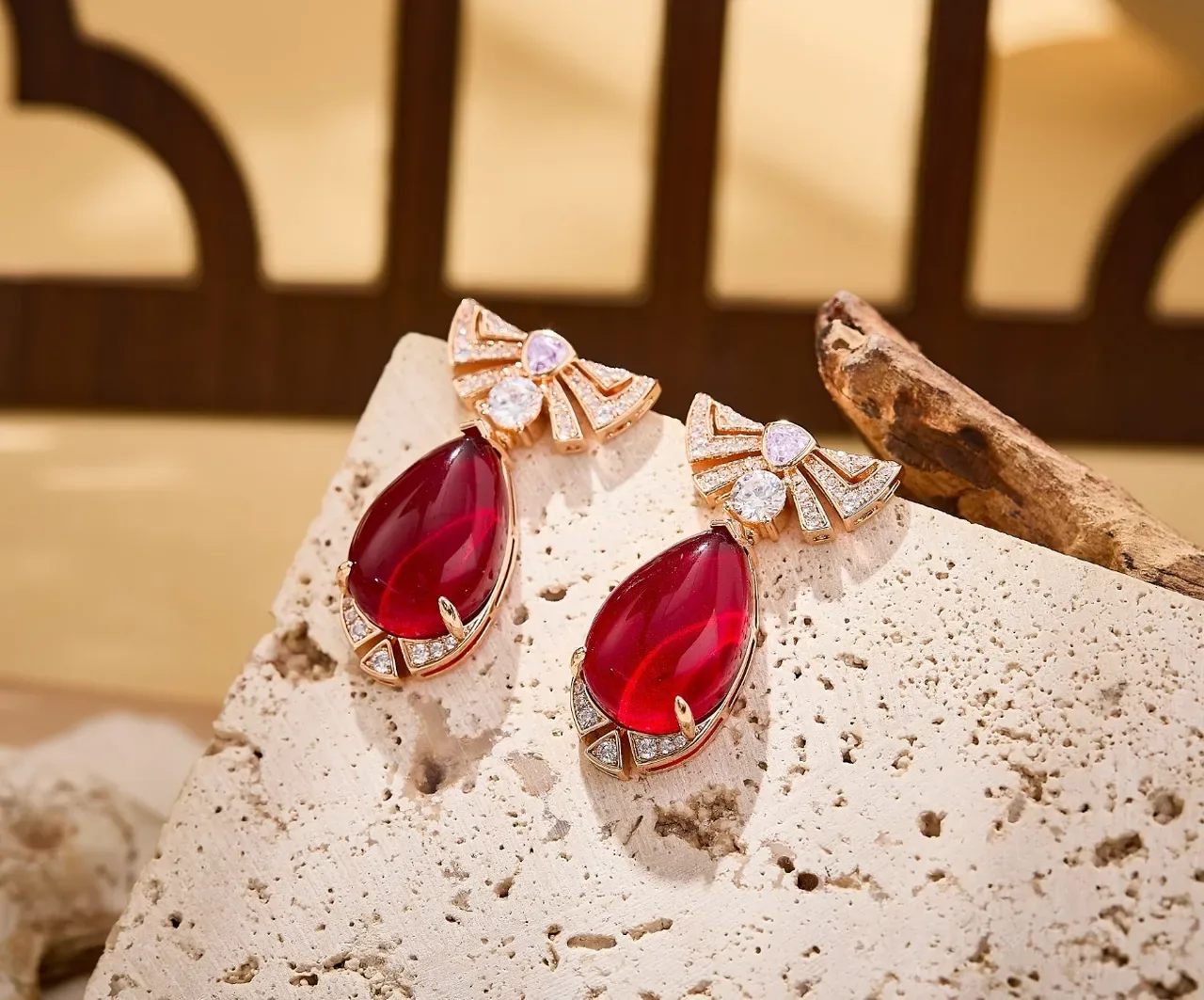 Red Teardrop Cabochon Pavé Diamond Bow Drop Earrings 6