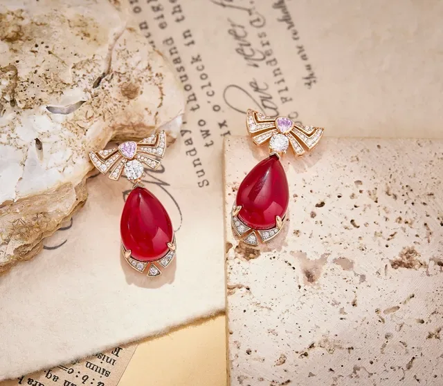 Red Teardrop Cabochon Pavé Diamond Bow Drop Earrings 7