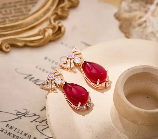 Red Teardrop Cabochon Pavé Diamond Bow Drop Earrings 8