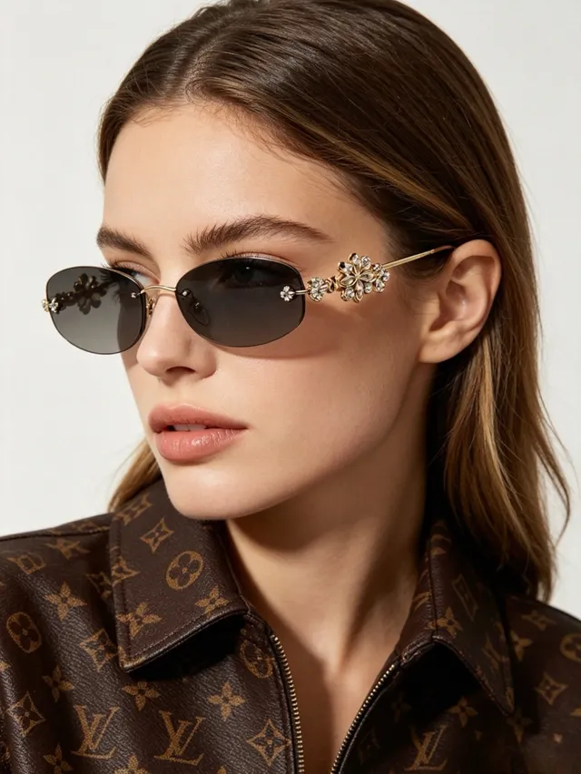 Rimless Oval Floral-Embellished Gradient Gray Sunglasses 4
