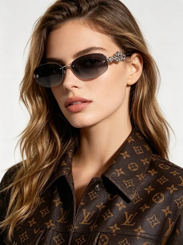 Rimless Oval Floral-Embellished Gradient Gray Sunglasses 7