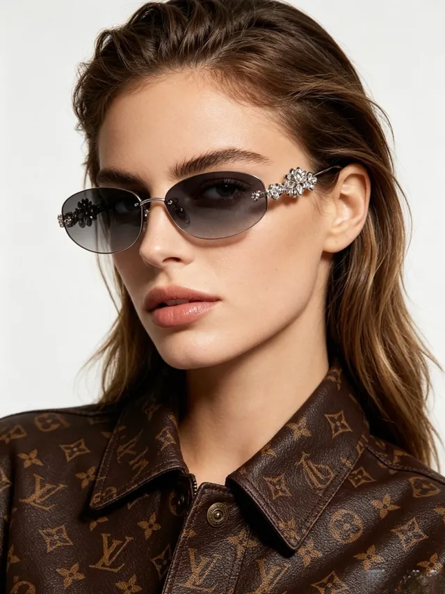 Rimless Oval Floral-Embellished Gradient Gray Sunglasses 8