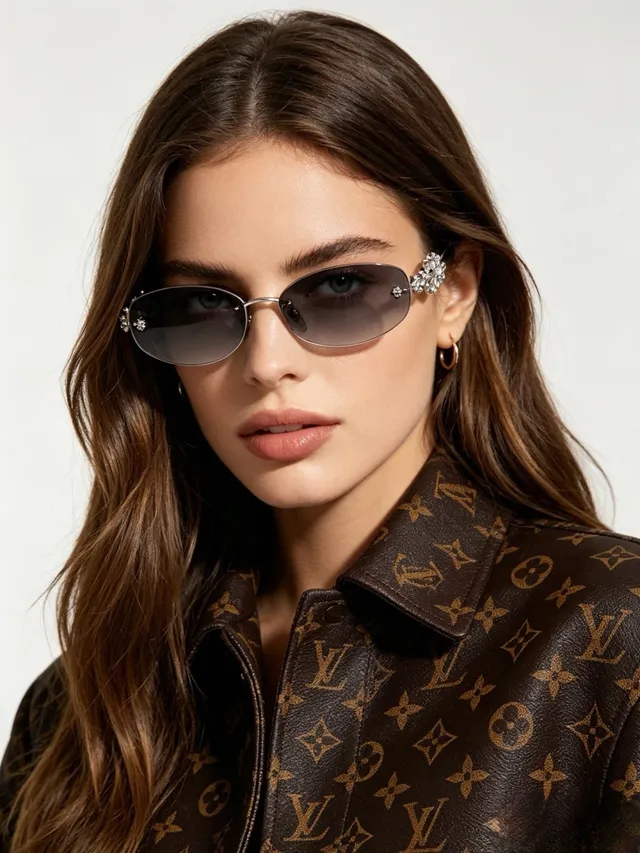 Rimless Oval Floral-Embellished Gradient Gray Sunglasses 9