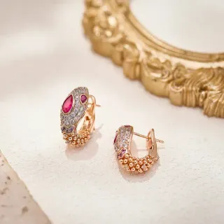Rose Gold Snake-Head Pavé Diamond and Ruby Hoop Earrings