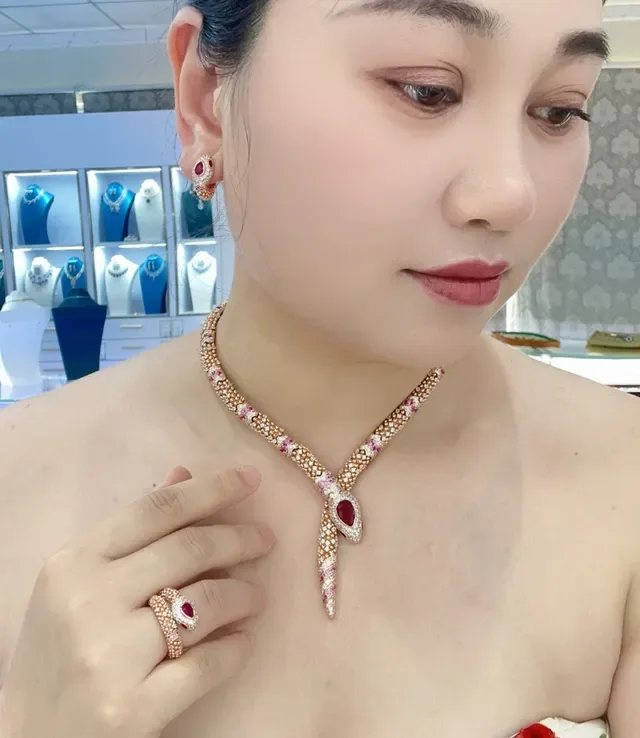 Rose Gold Snake-Head Pavé Diamond and Ruby Hoop Earrings 2