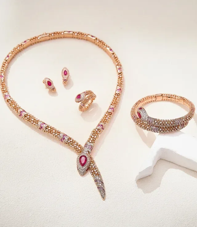 Rose Gold Snake-Head Pavé Diamond and Ruby Hoop Earrings 3