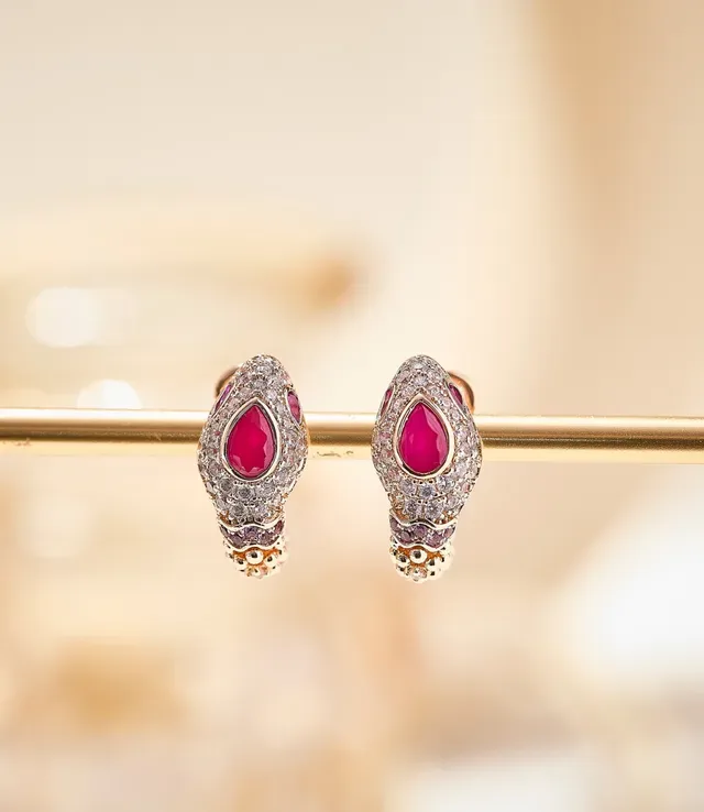 Rose Gold Snake-Head Pavé Diamond and Ruby Hoop Earrings 4