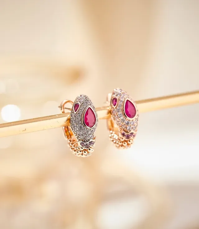 Rose Gold Snake-Head Pavé Diamond and Ruby Hoop Earrings 5
