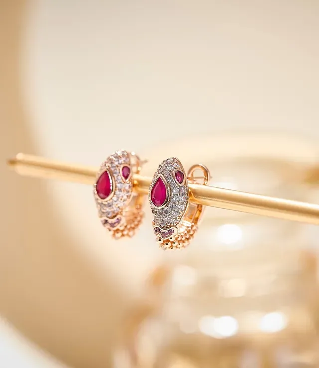 Rose Gold Snake-Head Pavé Diamond and Ruby Hoop Earrings 6