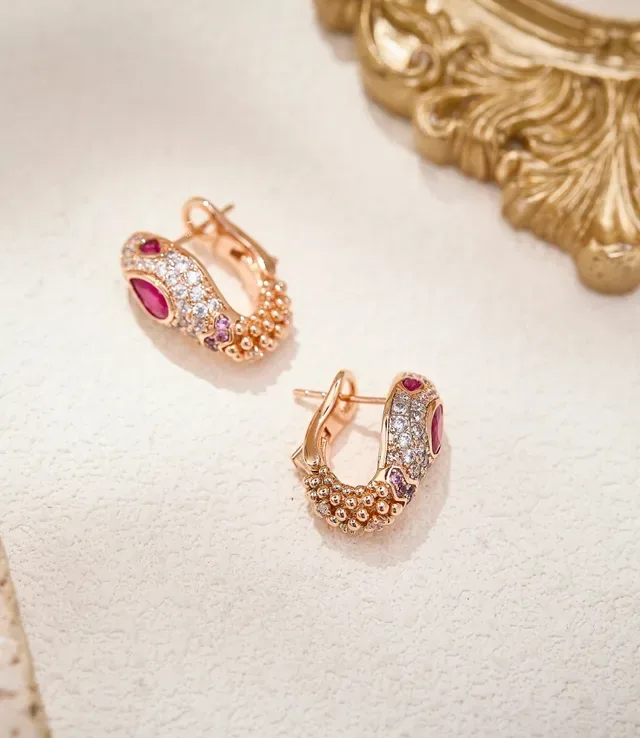Rose Gold Snake-Head Pavé Diamond and Ruby Hoop Earrings 7