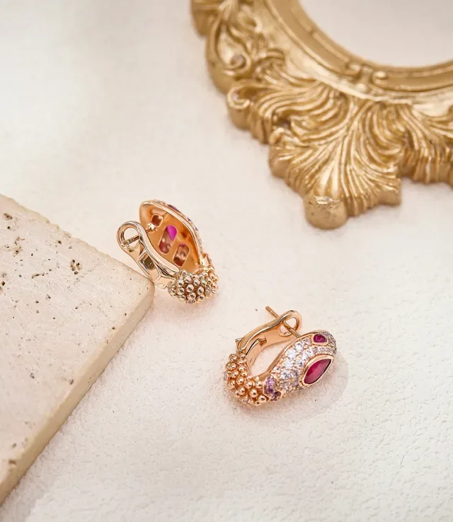Rose Gold Snake-Head Pavé Diamond and Ruby Hoop Earrings 8