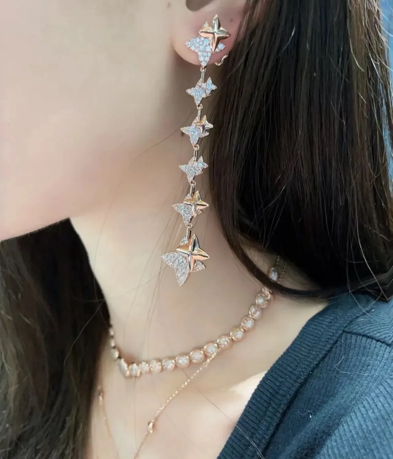 Rose-Gold-Tone Crystal Star Dangling Earrings 3