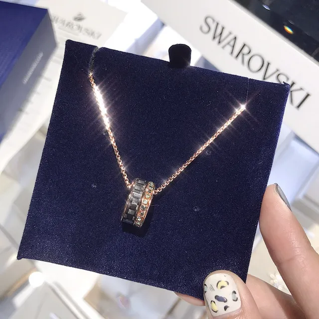 Rose Gold-Tone Rotating Black Ring Pendant Necklace 8