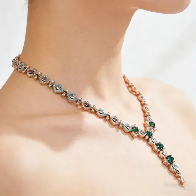 Rose Gold Turquoise and Emerald Gemstone Y-Drop Necklace 2