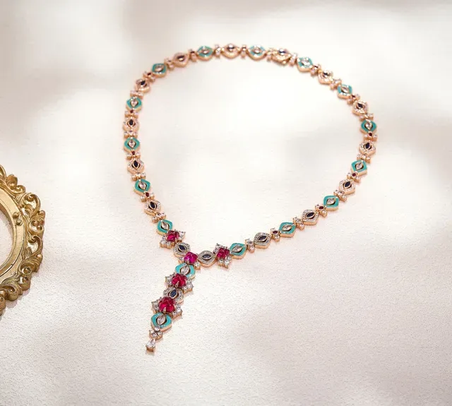 Rose Gold Turquoise and Emerald Gemstone Y-Drop Necklace 5