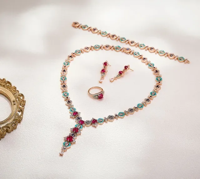 Rose Gold Turquoise and Emerald Gemstone Y-Drop Necklace 6