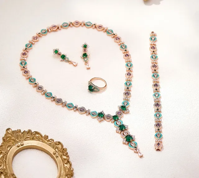 Rose Gold Turquoise and Emerald Gemstone Y-Drop Necklace 7